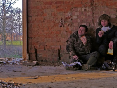 Having lunch after exploring a beautiful abandoned building