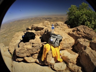 Resting our bags on top of the mountain after a long trek to the top. 